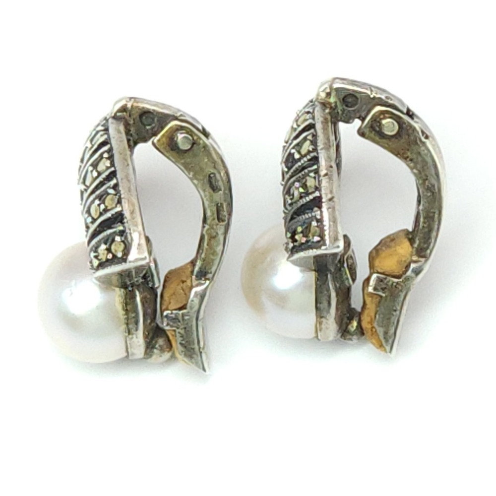 Signed TF Theodor Fahrner Clip on Earrings Pearl Marcasite Stone Fan 900 Silver - Picture 5 of 13